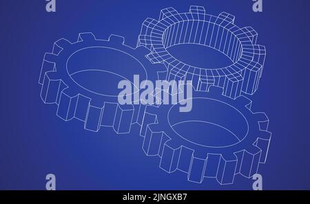 Vector illustration of gears line art on blue background representing a blue print Stock Vector