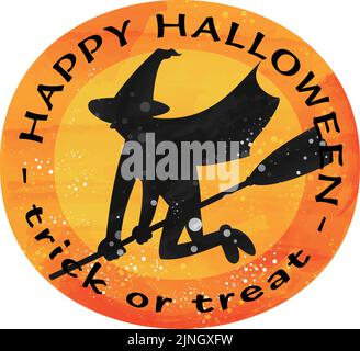 Illustration of a Halloween orange icon, a witch flying in the sky on a broom  Vector illustration Stock Vector