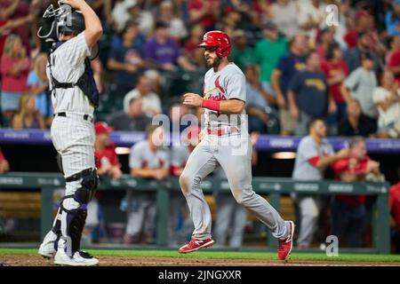 August 10 2022: Saint Louis shortstop Paul DeJong (11) runs home during the game with Saint Louis Cardinals and Colorado Rockies held at Coors Field in Denver Co. David Seelig/Cal Sport Medi Stock Photo
