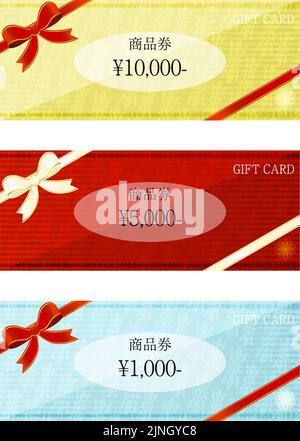 Illustration of yellow, red and blue gift card with wrapping ribbon Vector illustration Translation: Gift certificate Stock Vector