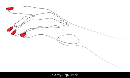 Human hand with red nail polish, single line style, minimalism. Stock Vector