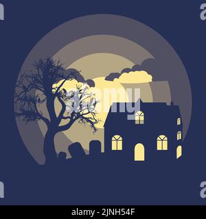 Old house silhouette near spooky tree, minimalist Halloween poster. Stock Vector