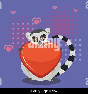 Cute cartoon gray lemur catta with big red heart illustration. Stock Vector