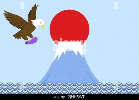 Illustration of a New Year's card in which a hawk grabs eggplant and flies against the backdrop of Mount Fuji Stock Vector