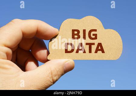 Against the background of the sky in the hands of a man, a figure of a cloud with the inscription - BIG DATA. Technology and business concept. Stock Photo