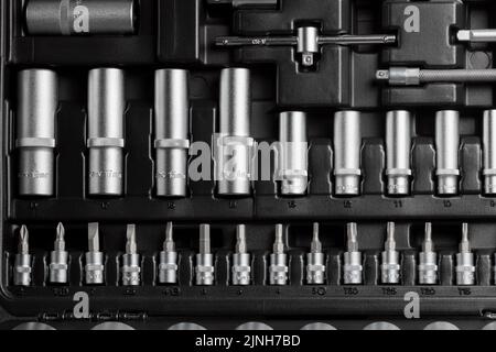 A large set of tools in a black box close-up Stock Photo