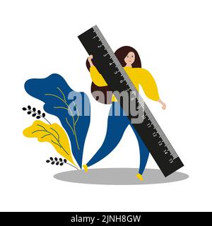 Girl with a black measuring ruler in her hands. Technology for work. Stationery. Vector illustration. Stock Vector