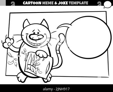 black and white cartoon illustration of meme template with blank comic speech bubble and cat destroying the pillow Stock Vector