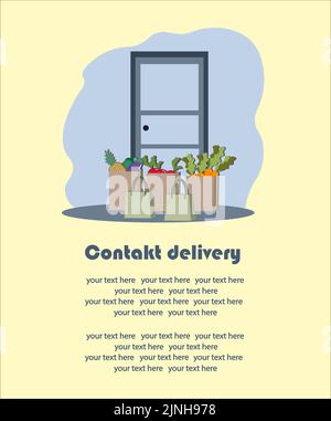 Contactless food delivery to your door. Online shopping. Vector illustration. Text. Stock Vector