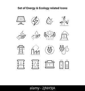 Set of green energy thin line icons. Icons for renewable energy, green technology. Design elements for you projects. Stock Vector