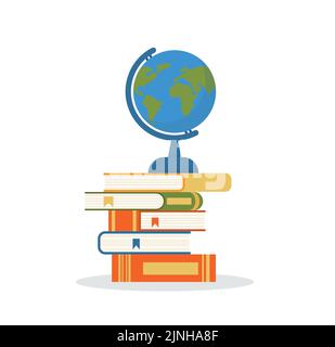 Concept illustration for education, books, university, student, research, school. Illustration in flat style. Books and globeeps 10 Stock Vector