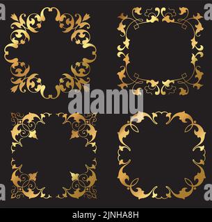 A set of vintage gold vector floral decorative frames and borders. Stock Vector