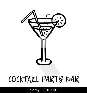 Black and white cocktail with lemon wedge and shadow, bubbles and a straw. Icon. Phrase Cocktail party bar. Stock Vector