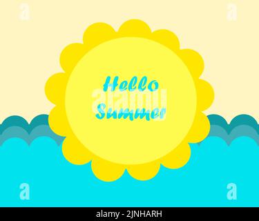 Greeting card with big hot sun and blue sea. Text. Vector illustration. Relaxation. Stock Vector