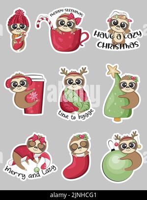 Cute christmas sloths stickers collection. Stock Vector