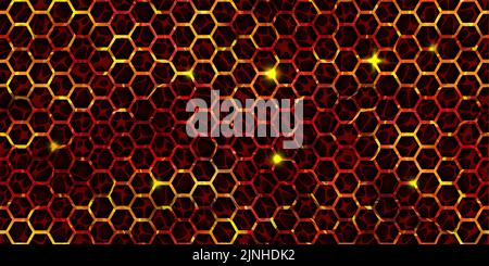 Seamless honeycomb texture of magma surface top view. Volcanic lava with cracked ground pattern. Hot Broken crust with liquid flame. Abstract vector b Stock Vector
