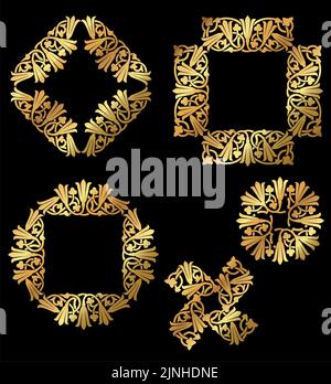 A set of vintage vector gold decorative floral leafy borders and frames. Stock Vector