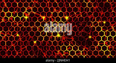 Seamless pattern of volcanic lava with honeycomb stones texture. Hot magma surface top view. Broken ground with liquid fire. Abstract vector backgroun Stock Vector