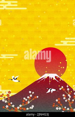 2021 New Year's card Red Fuji, plum and crane Stock Vector