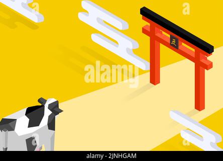 2021 New Year's card torii and cow isometric -Translation: Cow Stock Vector