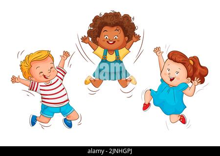 Children jump, a boy and a girl joyfully wave their hands bouncing up. Vector flat illustration in cartoon style isolated on white background Stock Vector