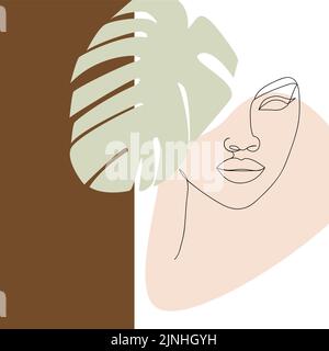 Line art face. Nice design, poster with minimal woman face and monstera leaf. One line drawing style. Trendy stylish drawimg. Stock Vector
