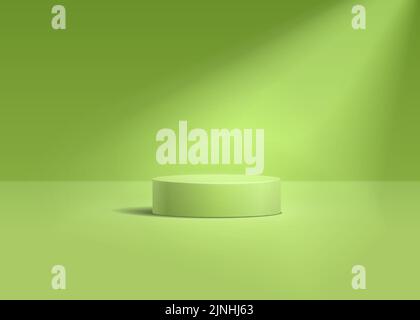 Green cylinder pedestal podium. Realistic vector rendering 3d shape. Studio room concept with podium and spotlight minimal wall scene Stock Vector