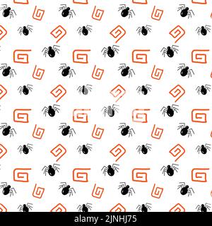 Seamless Halloween pattern of spiders and orange abstract abstract design elements. Repeating texture. Abstract background. Sample. Fashion print design. Template for wrapping paper, poster, postcard, greeting card, price tag, banner. Stock Vector