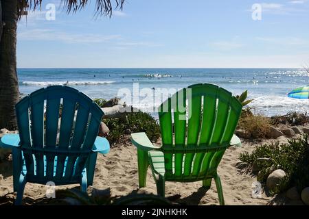 Adirondack chairs on the beach at San Onofre Stock Photo
