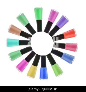 A colorful circle made of bottles of different colored nail polish on an isolated white background Stock Photo