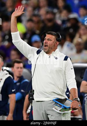 Baltimore, United States. 11th Aug, 2022. Tennessee Titans head coach Mike Vrabel gestures during the first half of an NFL preseason game against the Baltimore Ravens at M&T Bank Stadium in Baltimore, Maryland, on Thursday, August 11, 2022. Photo by David Tulis/UPI Credit: UPI/Alamy Live News Stock Photo