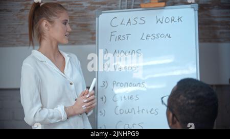 English lesson - a young woman standing by the board with today's lesson themes Stock Photo