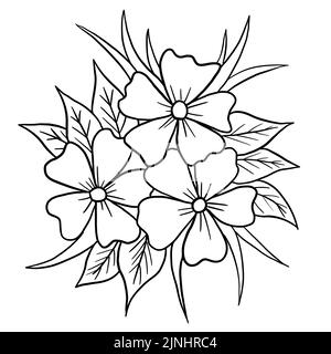 Hand drawn floral flower leaves illustration, black white elegant wedding ornament, Line art minimalism tatoo style design summer spring nature branch foliage blossom Stock Photo