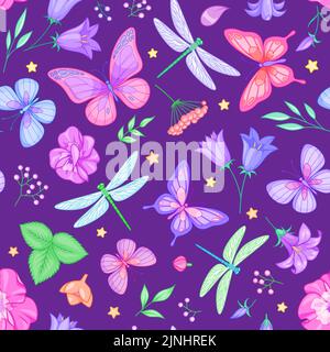Seamless vector pattern with butterflies, dragonflies and flowers on dark purple background. Stock Vector