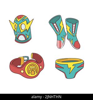 Hand drawn mexican wrestler element set Vector illustration. Stock Vector