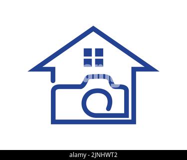 Simple Home combined with Camera Illustration. visualized with Blue Color and Simple Illustration. symbolizing Photography Studio, Photo Printing Lab Stock Vector