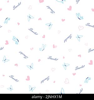 Cute blue butterflies pink hearts with text isolated on white vector seamless pattern. delicate modern background. Stock Vector