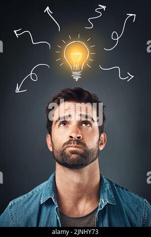 Confused Man With Light Bulb. Thinking Bearded Male With Big Lamp. Have 