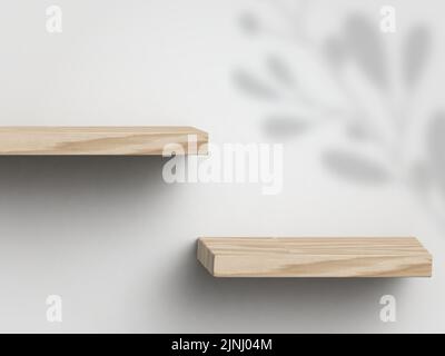 Two wooden shelves or platforms for product presentation in loft room. Wood podium in white clean space with shadow of leaves. 3d rendering illustrati Stock Vector