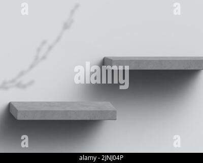 Modern empty room with blank concrete shelves with minimal rough surface texture and shadow of plant on back wall. Industrial interior product present Stock Vector