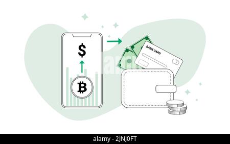 smartphone display shows a bitcoin coin and a dollar sign with arrows indicating currency conversion image of a wallet with a bank card and dollar Stock Vector