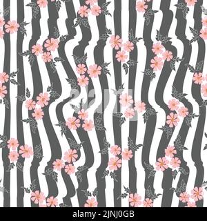 Pink flowers bouquets grey white stripes vector floral pattern. Elegant retro background Stock Vector