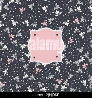 Vector grey pink tiny flowers network on dark frame seamless pattern background. Stock Vector