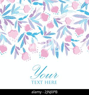 Pink blue cotton field flowers vector horizontal stripe seamless border pattern background with hand drawn elements. Stock Vector