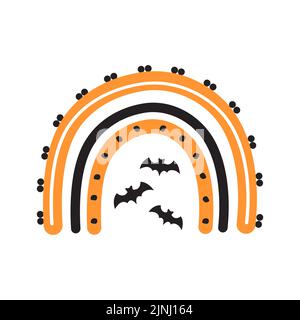 Halloween rainbow with bats. Cute hand drawn icon for celebrating spooky night. Vector illustration in flat cartoon style. Design for poster, card or Stock Vector