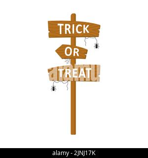 Pole with pointers trick or treat. Halloween sign. Cute hand drawn icon for celebrating spooky night. Vector illustration in flat cartoon style Stock Vector