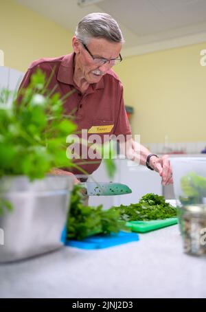 PRODUCTION - 30 June 2022, Lower Saxony, Lüneburg: Participant Rainer prepares salad at the cooking group for grieving widowers. The members of the small group, which meets once a month in Lüneburg to cook, are between 59 and 87 years old. A professional guides the widowers. (to dpa-KORR 'Cooking group for grieving widowers - ready meals are taboo') Photo: Philipp Schulze/dpa Stock Photo