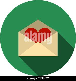 Valentine Envelop With Heart Icon. Flat Circle Stencil Design With Long Shadow. Vector Illustration. Stock Vector