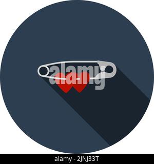 Two Valentines Heart With Pin Icon. Flat Circle Stencil Design With Long Shadow. Vector Illustration. Stock Vector