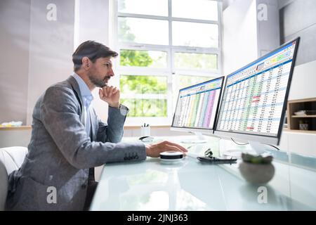 Electronic Spreadsheet On Analyst Auditor Computer Screen Stock Photo